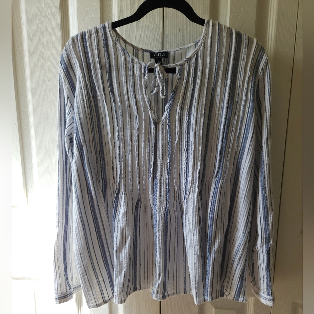a.n.a Blue Striped Long Sleeve Pleated Ruffles Tie V-Neck Blouse, Women's Small